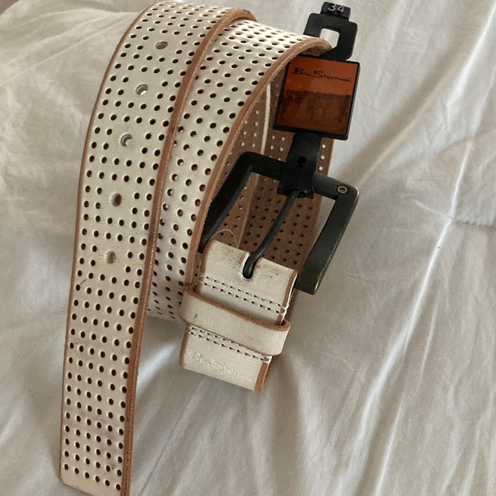 🆕 “Ben Sherman” Winter White Perforated Vintage Style Full Grain Leather BELT !!